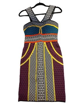 BCBGMaxAzria Multicolor Patterned Midi Dress - Blue, Yellow & Purple